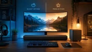 Desk gaming setup split between cool and warm lighting to contrast budget and premium options for the best gaming soundbar, with a bar under a curved monitor and a subwoofer beside it