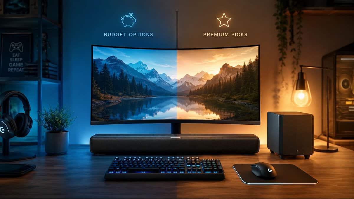 Desk gaming setup split between cool and warm lighting to contrast budget and premium options for the best gaming soundbar, with a bar under a curved monitor and a subwoofer beside it