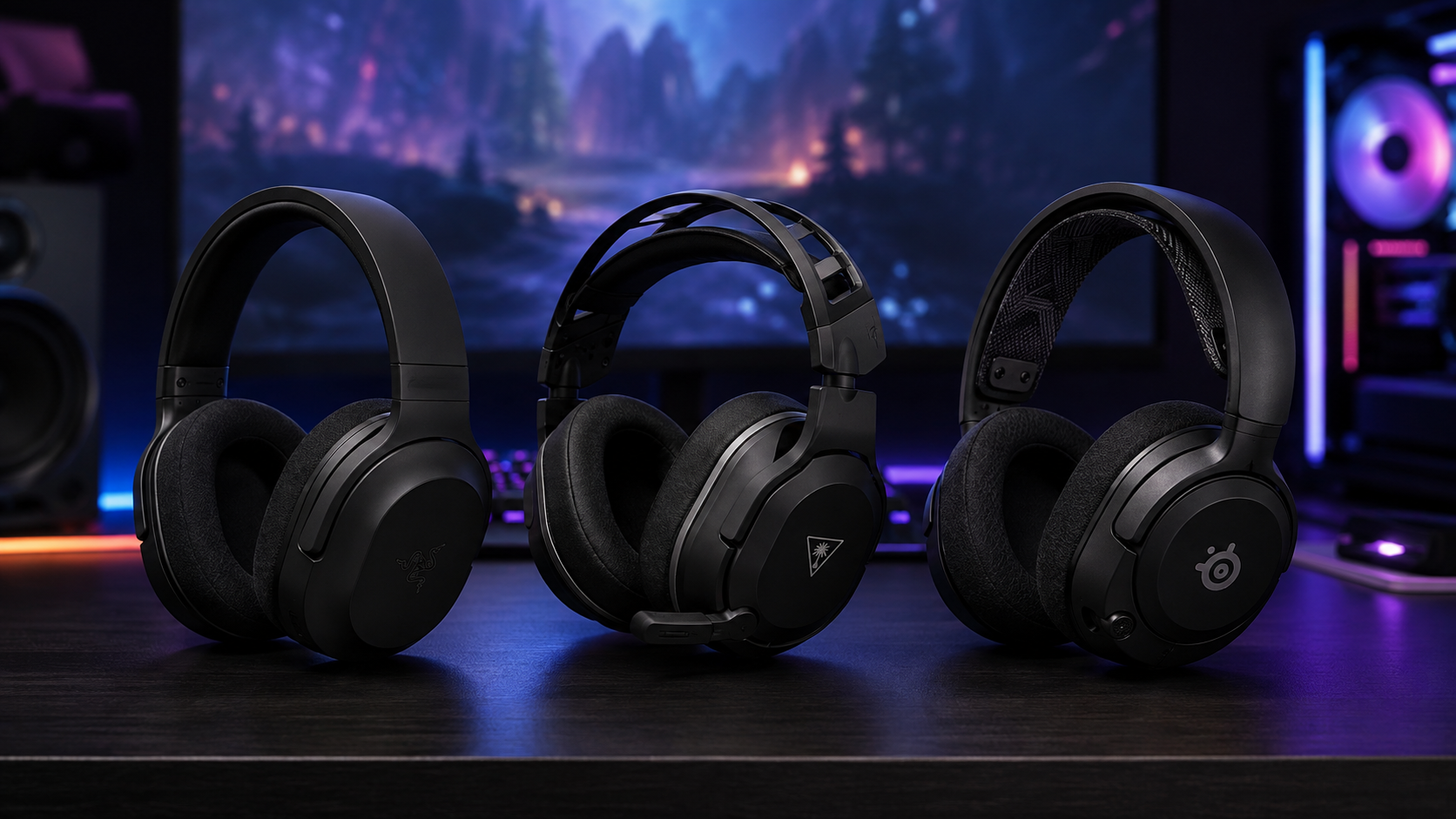 Three black wireless headsets lined up on a desk like a podium, the best wireless gaming headset picks side by side
