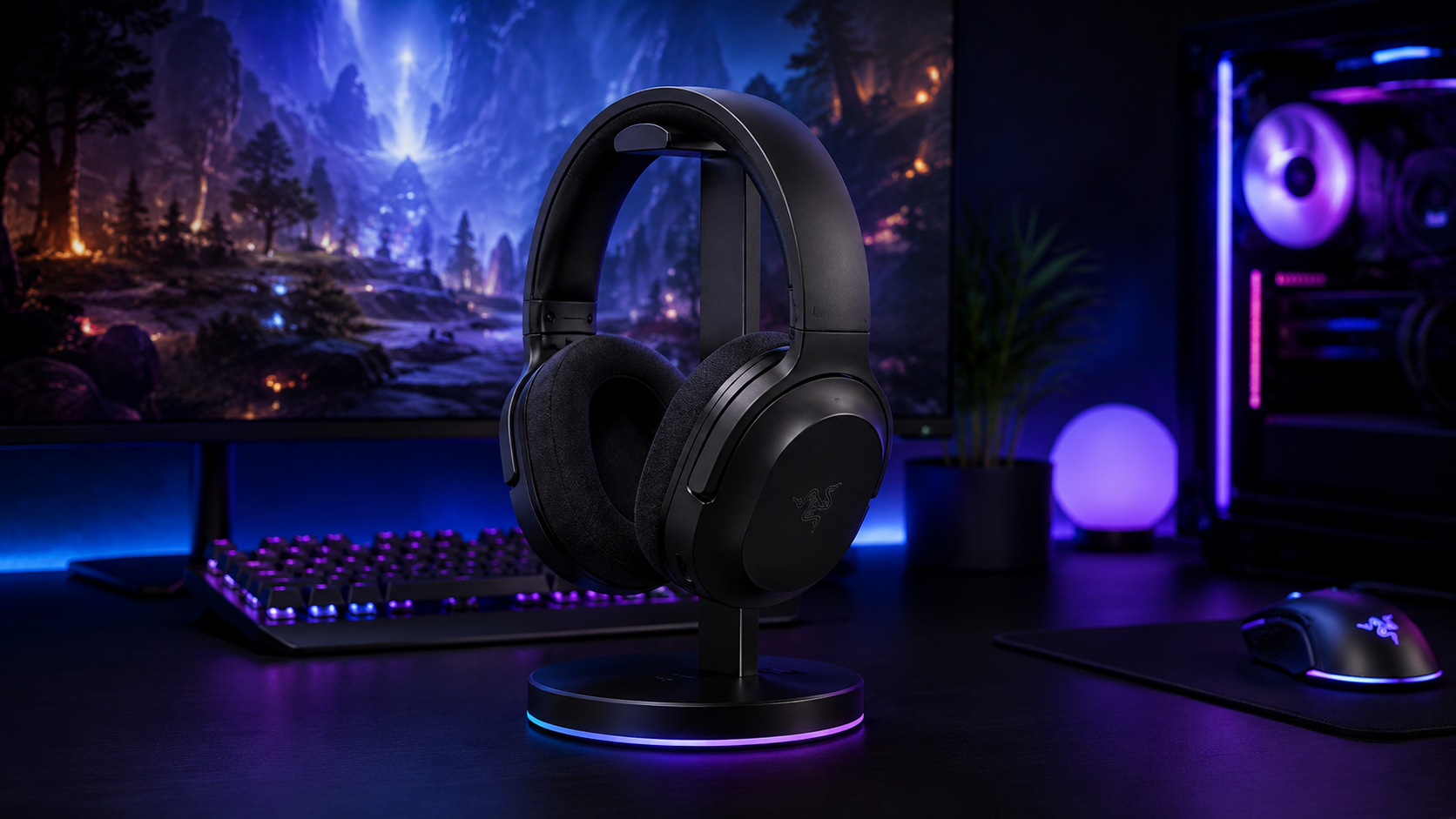 A wireless gaming headset resting on an RGB stand with no cables in sight, the freedom the best wireless gaming headset buys
