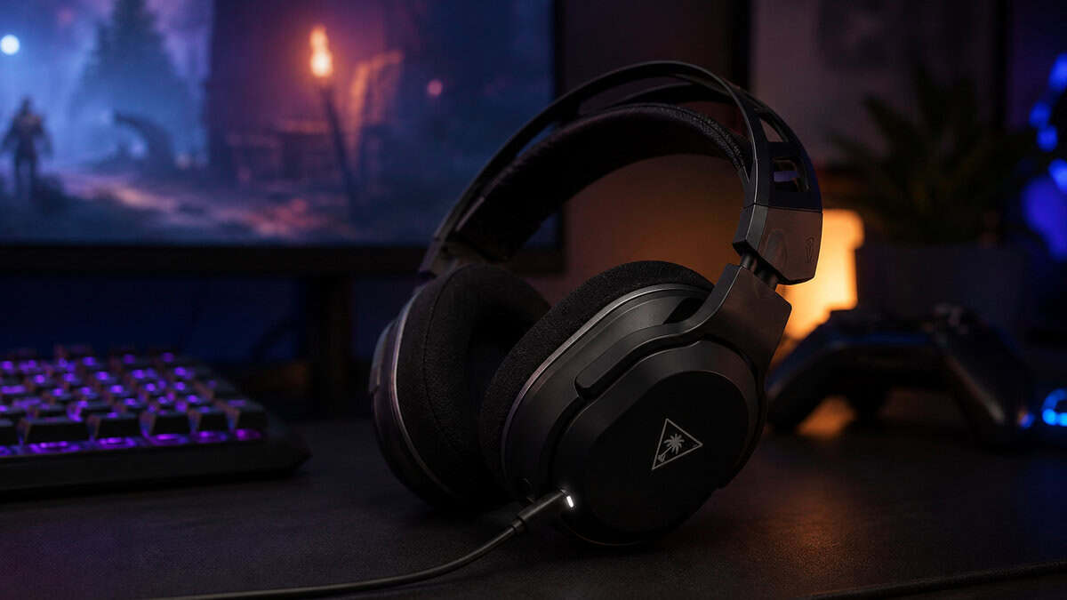 Black wireless headset charging over a cable in warm lamplight, the battery habit that keeps the best wireless gaming headset alive
