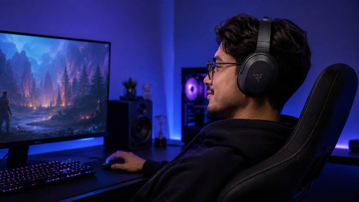 Side profile of a player wearing a lightweight wireless headset over glasses, the comfort test any best wireless gaming headset must pass