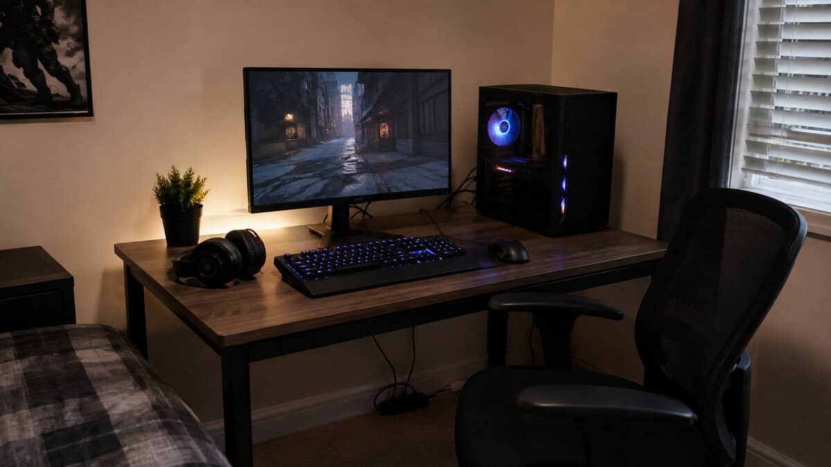 Entry-level bedroom setup with a single flat monitor, plain black tower and basic mesh chair, the least you can spend and still answer how much does a gaming setup cost