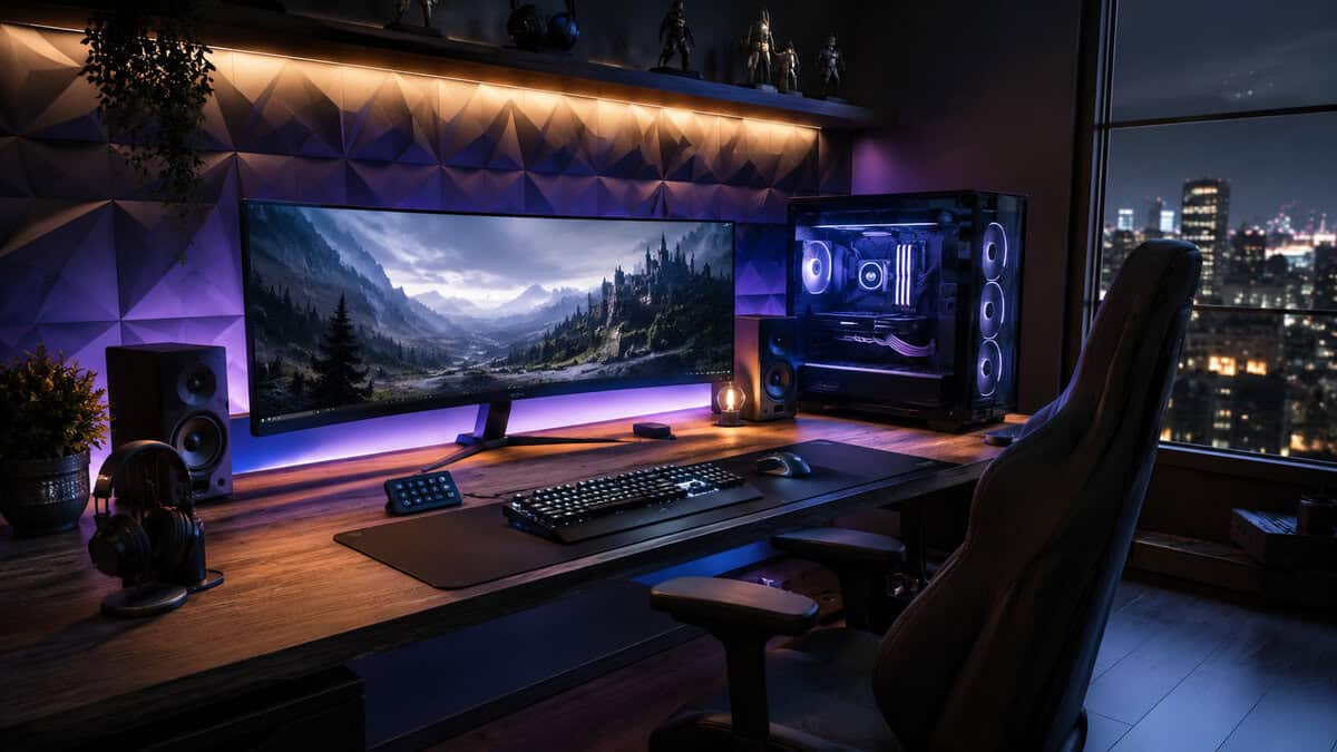 High-end corner desk with an ultrawide curved monitor, multi-fan RGB tower and desktop speakers overlooking a city skyline, the top end of how much does a gaming setup cost
