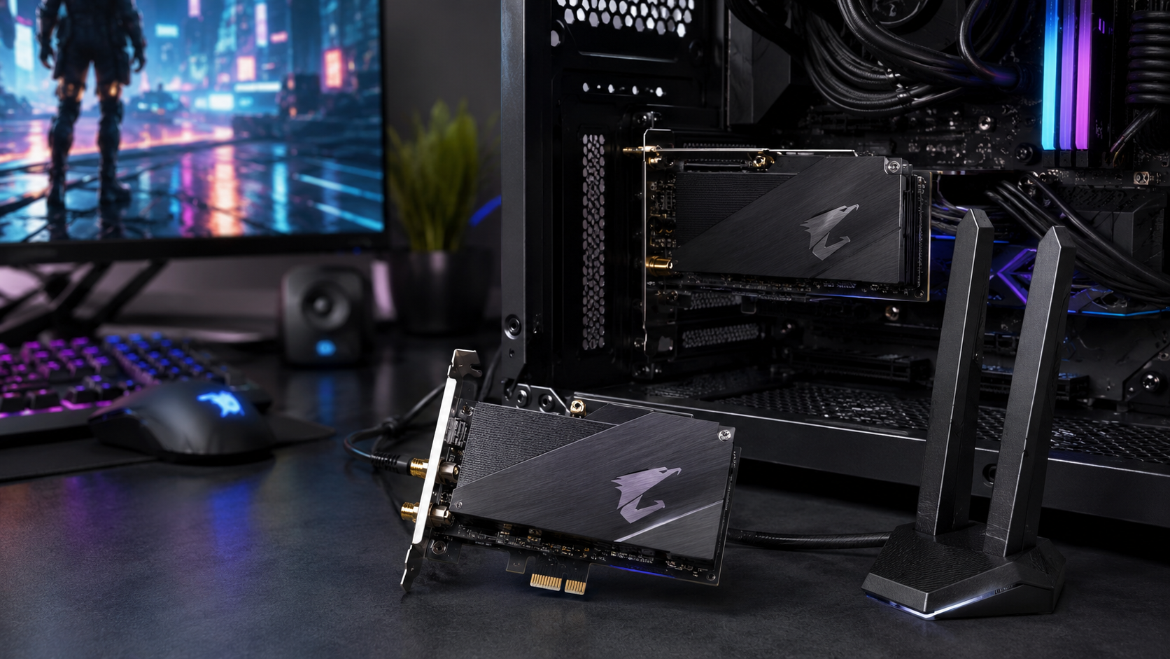 The best WiFi adapter for PC setups can live in a slot: PCIe WiFi cards and their external antenna base staged beside an open RGB gaming tower
