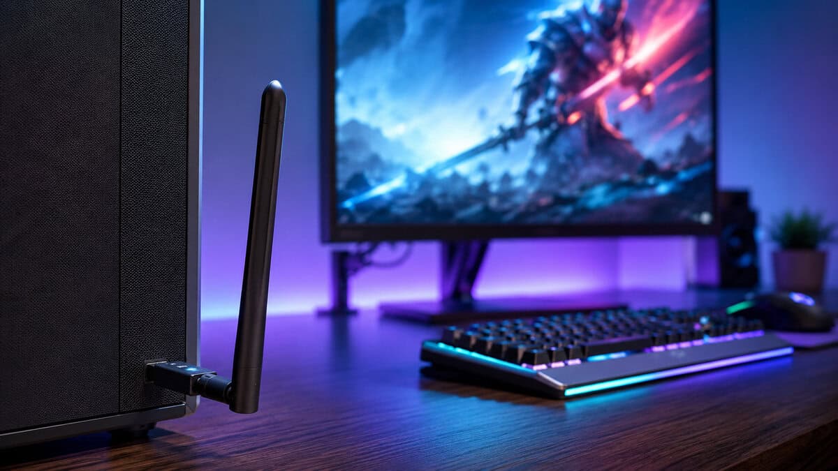 A tall high-gain antenna on a USB stick shows the plug-in side of the best WiFi adapter for PC decision, with an RGB keyboard and monitor behind