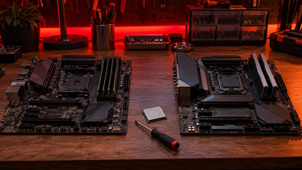 Two motherboards side by side on a workbench under red strip lighting with a bare processor and screwdriver between them, comparing an AM4 board to an AM5 board before choosing the best AM4 CPU