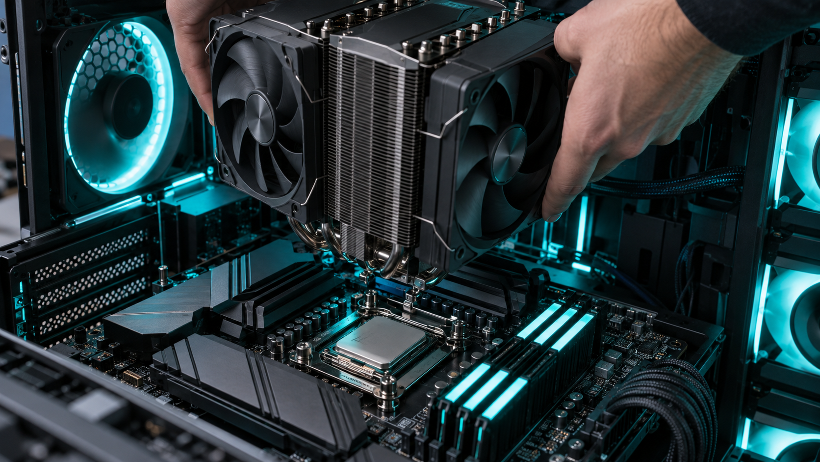 Hands lowering a twin-tower air cooler onto a CPU inside a teal-lit gaming case with the motherboard VRM heatsinks and DDR4 memory in view, cooling the best AM4 CPU