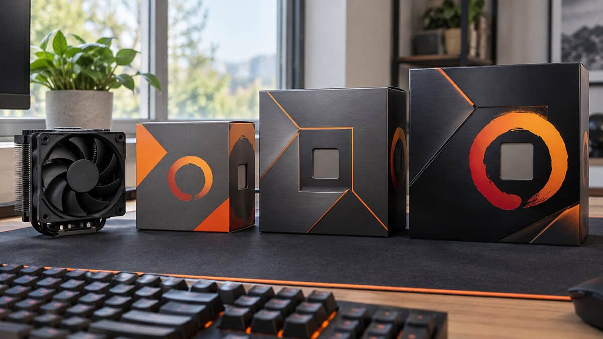 Three AMD Ryzen retail boxes and a black tower cooler lined up on a desk mat in daylight beside a gaming keyboard, the best AM4 CPU picks side by side
