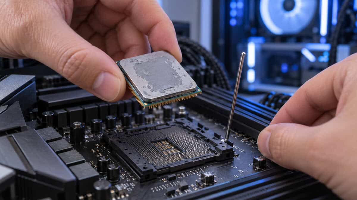 Two hands lifting a Ryzen processor out of its AM4 motherboard socket with the retention lever raised and a blue-lit gaming tower behind, the first step before installing the best AM4 CPU
