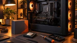 Open gaming PC on a desk under warm amber lamp light with an AM4 motherboard exposed, a Ryzen retail box, a bare CPU, and a screwdriver laid out for the best AM4 CPU upgrade