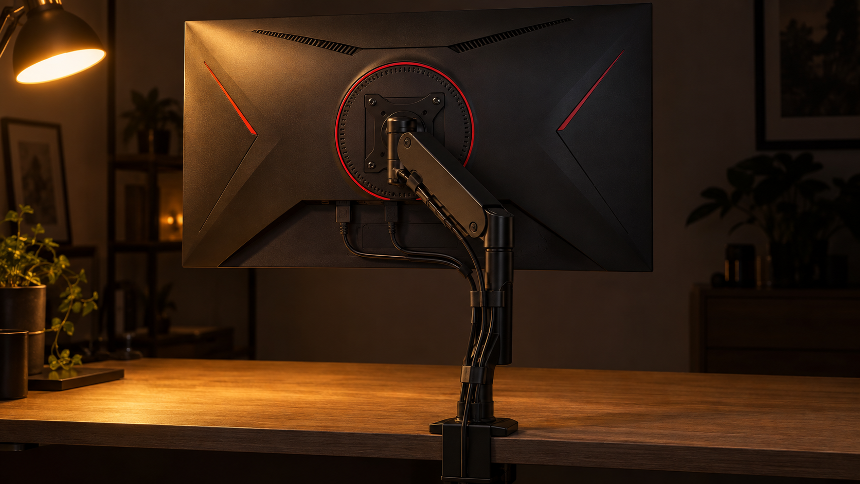 Rear view of a 27-inch gaming monitor with red accents held on a black monitor arm clamped to a wood desk, cables routed down the arm under warm lamp light, the stand upgrade most owners of the best budget gaming monitor end up making