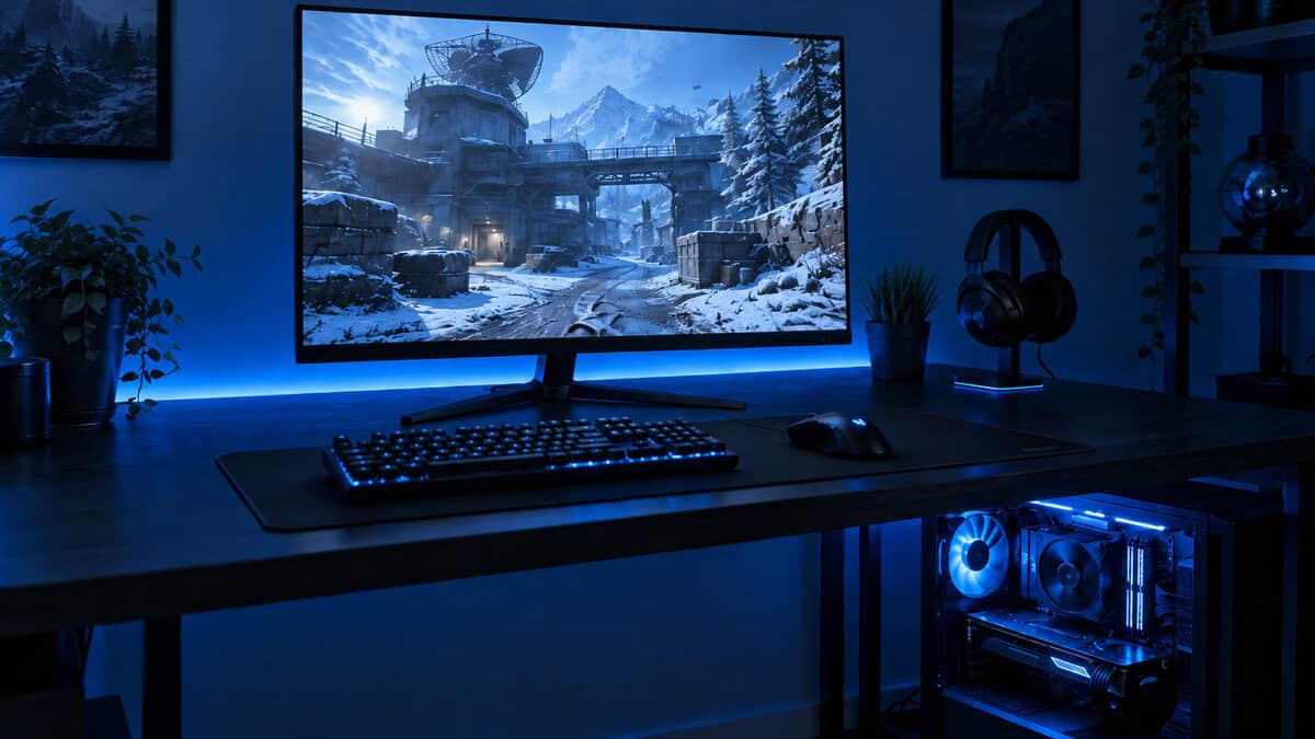 Blue-lit gaming desk with a 27-inch monitor showing a snowy shooter scene, a mechanical keyboard, a headset, and a tower PC with its graphics card glowing beneath the desk, the pairing the best budget gaming monitor is chosen around