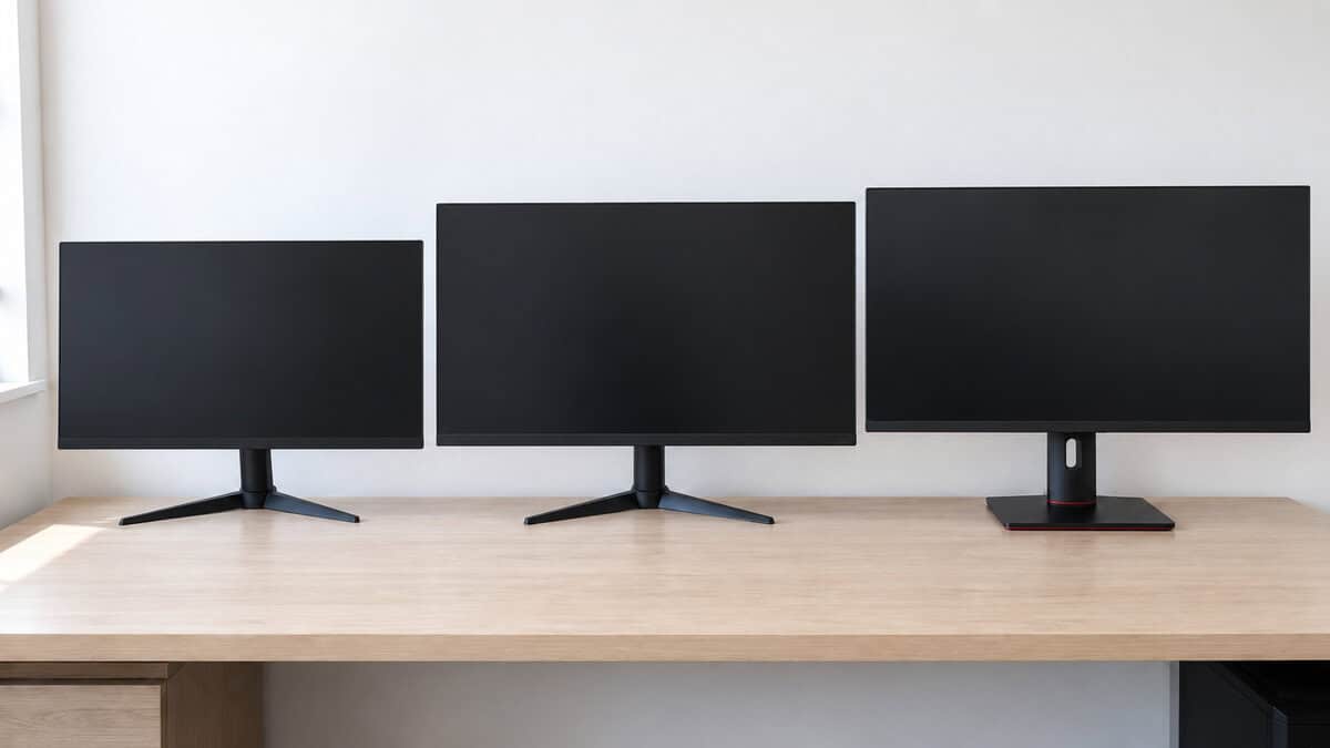 Three gaming monitors standing in a row on a light wood desk in daylight with screens off, a 24-inch on the left and two 27-inch screens beside it, the three picks for the best budget gaming monitor