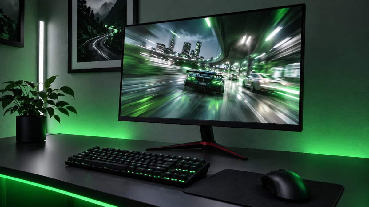 A 24-inch gaming monitor on a small desk showing a racing game with heavy motion blur under green RGB lighting, a keyboard and mouse in front, the high-refresh 1080p tier of the best budget gaming monitor