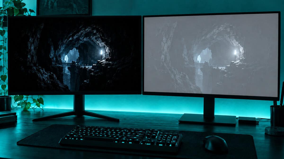 Two 27-inch monitors side by side under teal lighting showing the same dark cave scene, the left with deep true blacks and the right washed to grey, the HDR contrast difference in the best budget gaming monitor