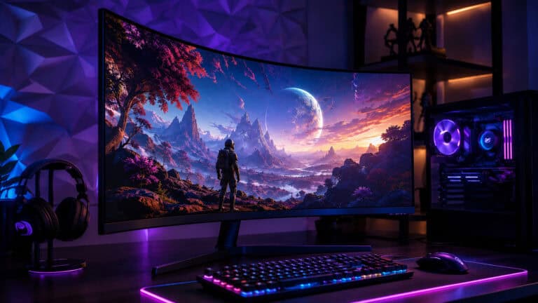 Large curved gaming monitor displaying a vivid fantasy scene on an RGB battlestation with keyboard, mouse, and PC tower