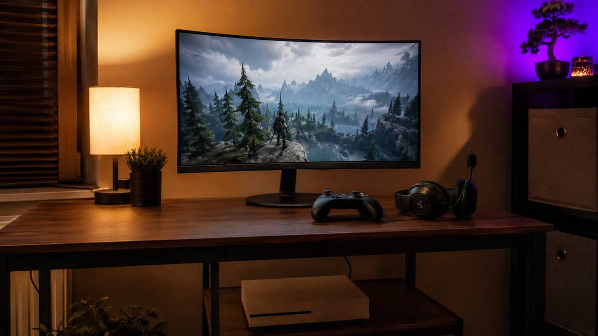 Compact curved gaming monitor on a warm desk setup with a controller, headset, and console shelf below