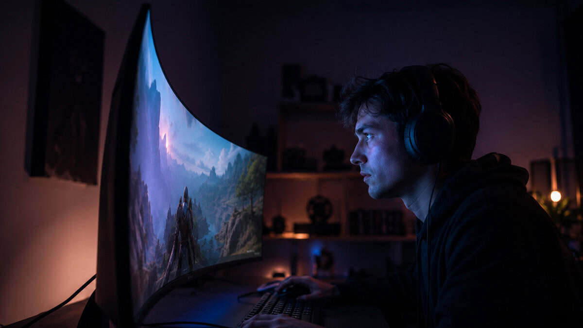 Side profile of a curved gaming monitor showing its full bend while a player sits centered in a dark room