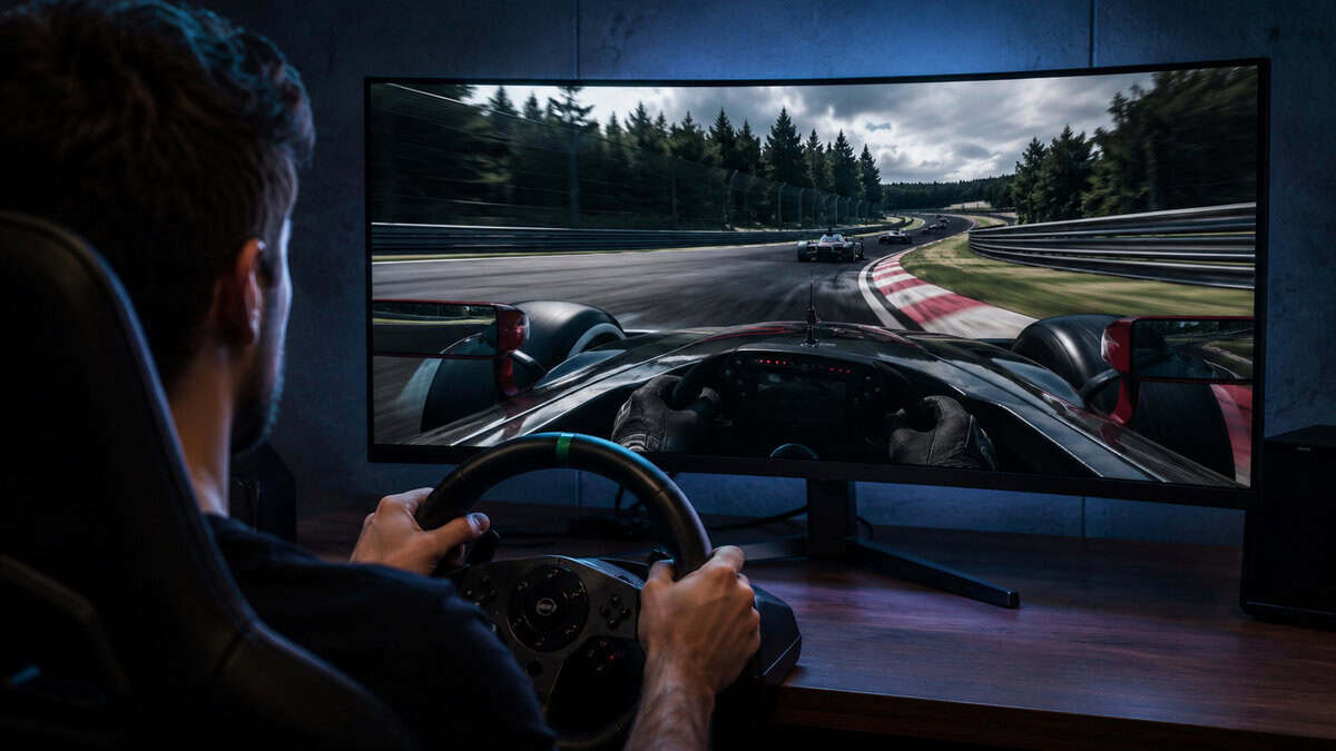 Sim racer using a wheel in front of a wide curved gaming monitor that wraps the track into peripheral view