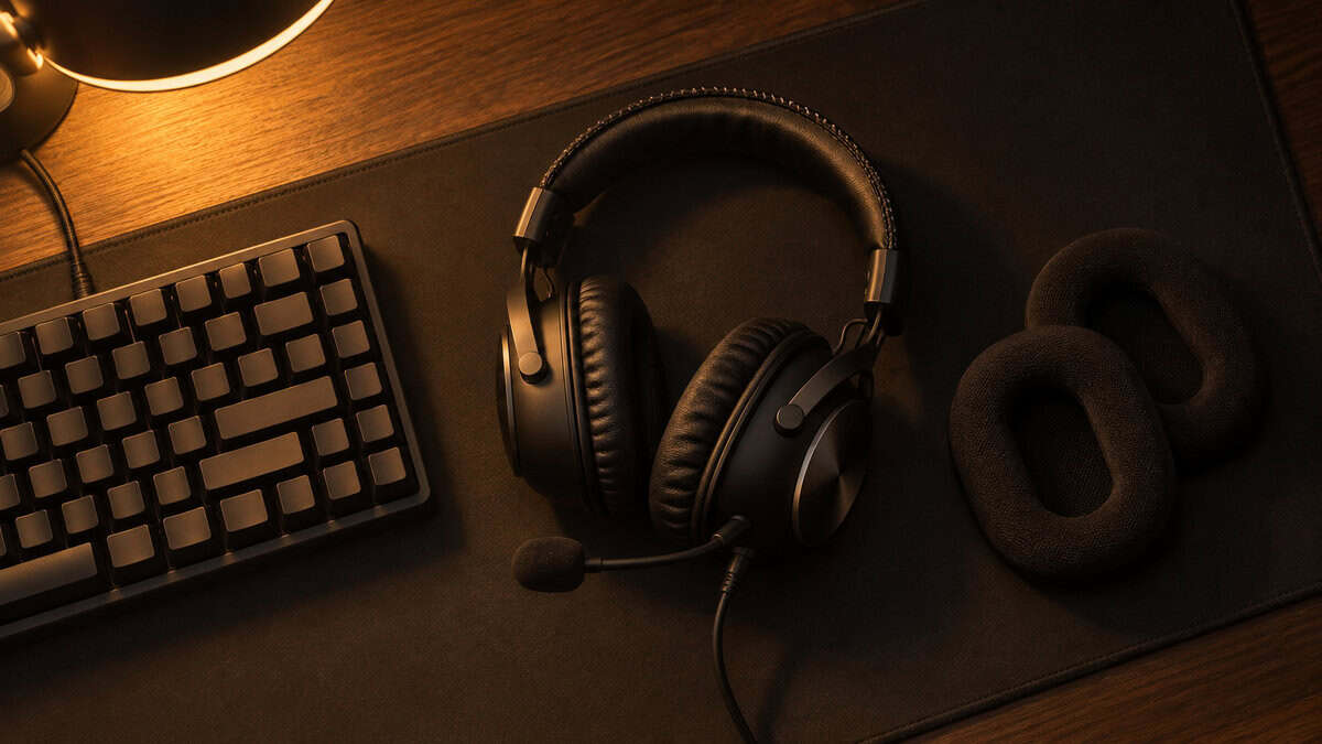 Overhead view of a black wired gaming headset with a steel headband on a cloth mousepad beside a keyboard and a spare set of cloth ear pads under an amber lamp, the comfort setup for the best headset for CS2