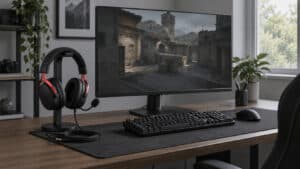 Clean gaming desk in daylight with a black and red wired headset on a stand beside a monitor showing a Counter-Strike map, the setup the best headset for CS2 slots into