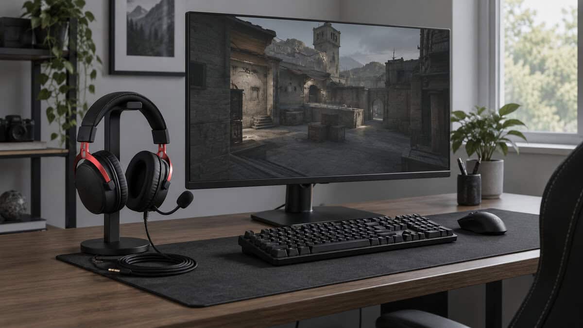 Clean gaming desk in daylight with a black and red wired headset on a stand beside a monitor showing a Counter-Strike map, the setup the best headset for CS2 slots into