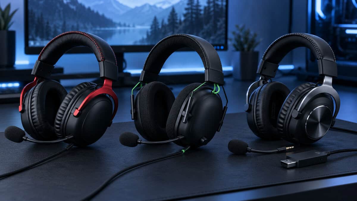 Three wired gaming headsets lined up on a dark desk under blue light, black and red, black with green accents, and black with a steel headband next to a USB DAC, the three picks for the best headset for CS2