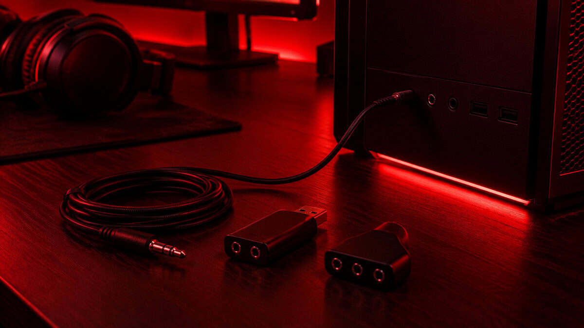 USB sound card and surround adapter unplugged on a dark desk under red light while a plain 3.5mm cable runs into a PC tower, the dongles the best headset for CS2 does not need