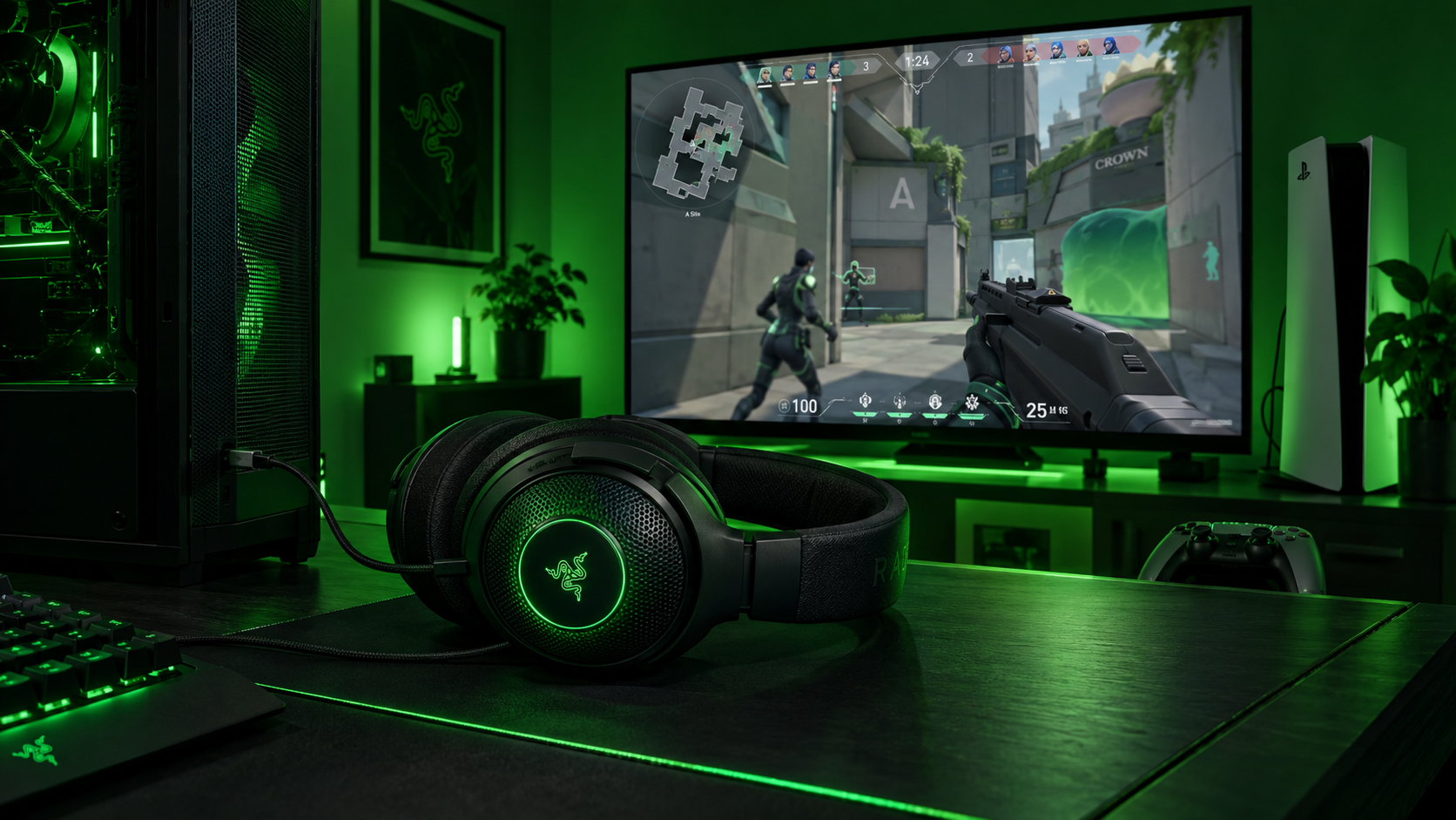 Razer Kraken V4 X with green Chroma lighting on a desk beside a PS5 and a TV running Valorant, the PC pick in this best headset for Valorant guide