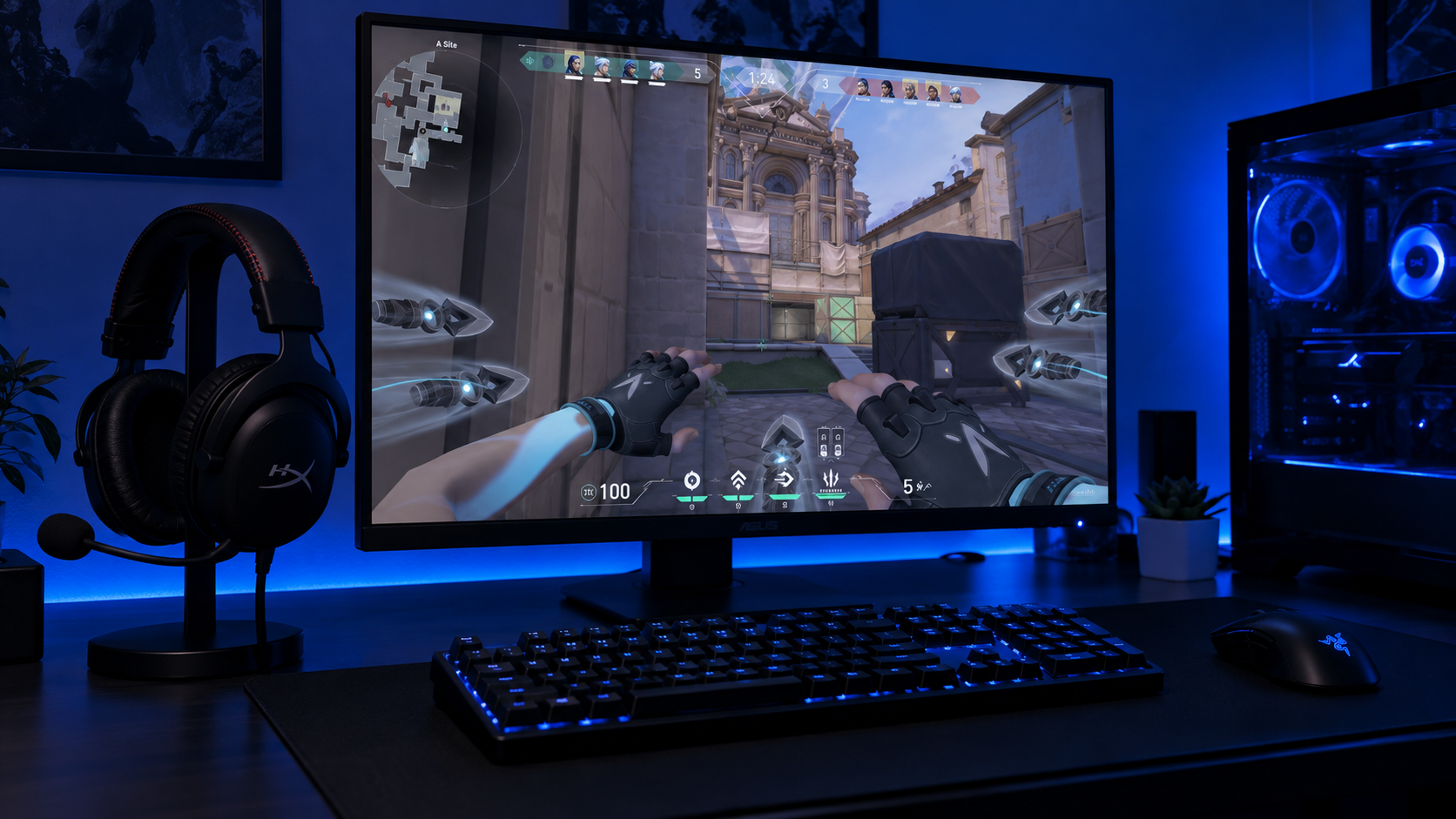 Black HyperX Cloud III on a headset stand beside a monitor showing a Valorant round under cool blue RGB, the kind of setup the best headset for Valorant is built for