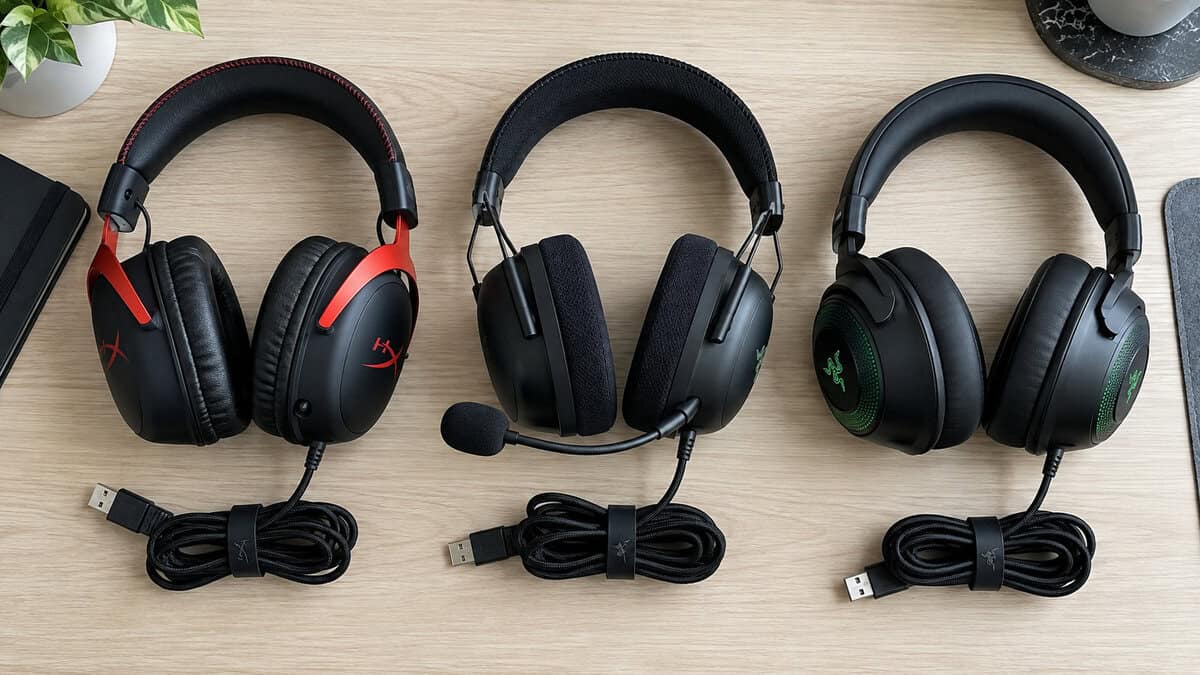 Overhead view of three wired gaming headsets side by side on a light wood desk, the HyperX Cloud III, Razer BlackShark V2 X, and Razer Kraken V4 X compared as the best headset for Valorant