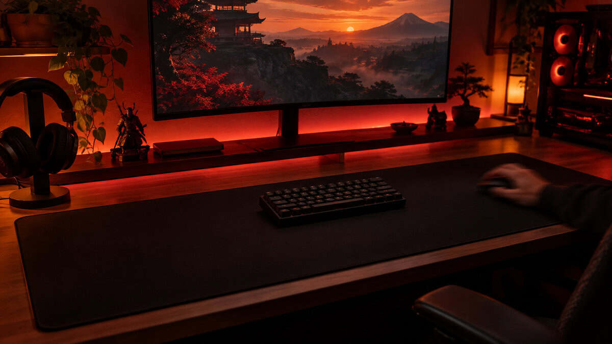 Compact 60% keyboard centered on an extra-wide black mousepad with a mouse swept to the right under red desk lighting, the small-desk case where the best keyboard for Wardogs can be a 60%