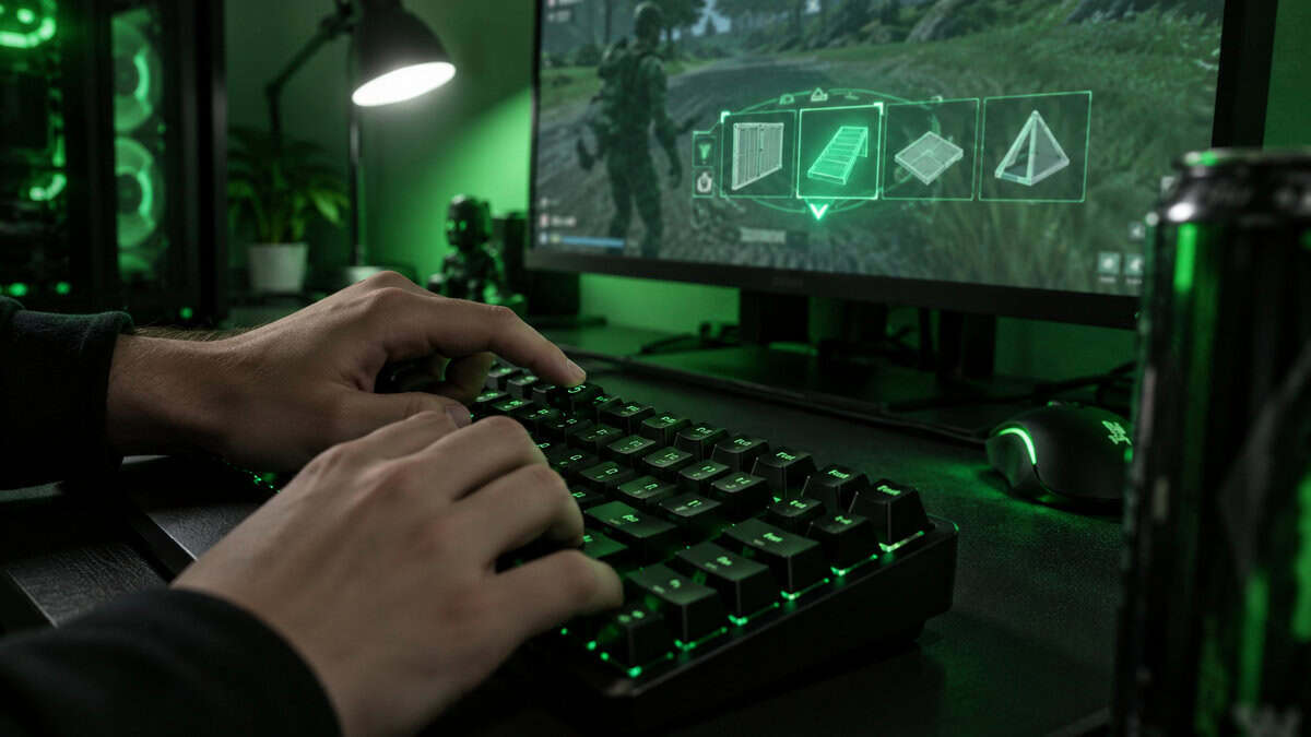 Fingers pressing the number row of a green-backlit keyboard while a build menu glows on the monitor behind it, the bind-heavy moment that decides the best keyboard for Wardogs