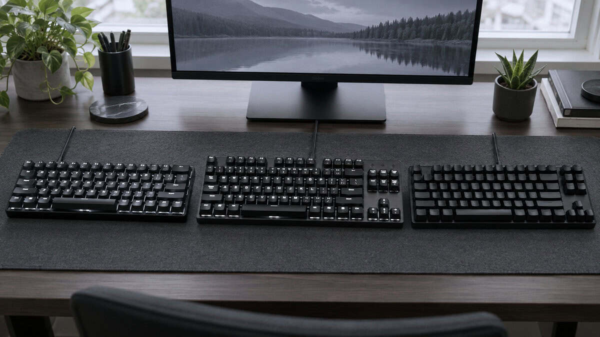 Three black keyboards lined up on a gray desk mat under window daylight, a compact 60% board, a tenkeyless with a white backlight, and a tenkeyless with black keycaps, the best keyboard for Wardogs picks side by side