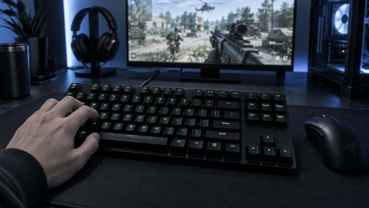 Black tenkeyless keyboard with green-lit keys on a dark desk, a hand on the movement keys and a black mouse beside it, with a military shooter on the monitor, the setup the best keyboard for Wardogs slots into