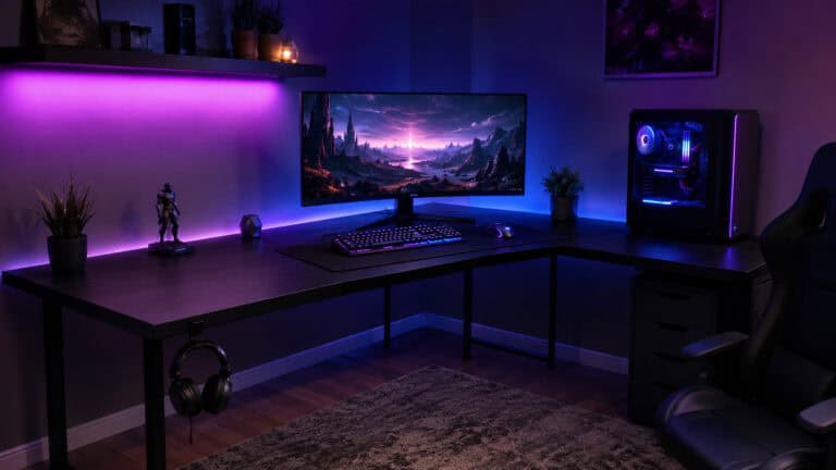 Corner battlestation built on a black l-shaped gaming desk with an ultrawide monitor at the joint and purple LED glow