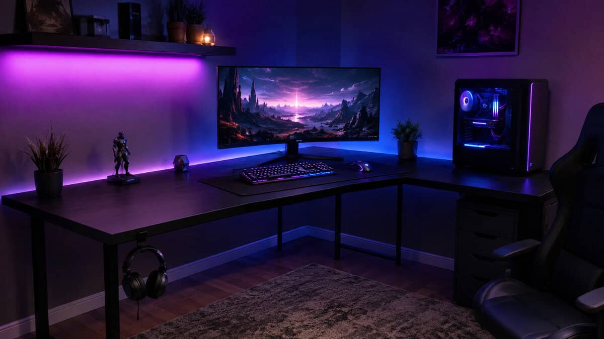 Corner battlestation built on a black l-shaped gaming desk with an ultrawide monitor at the joint and purple LED glow