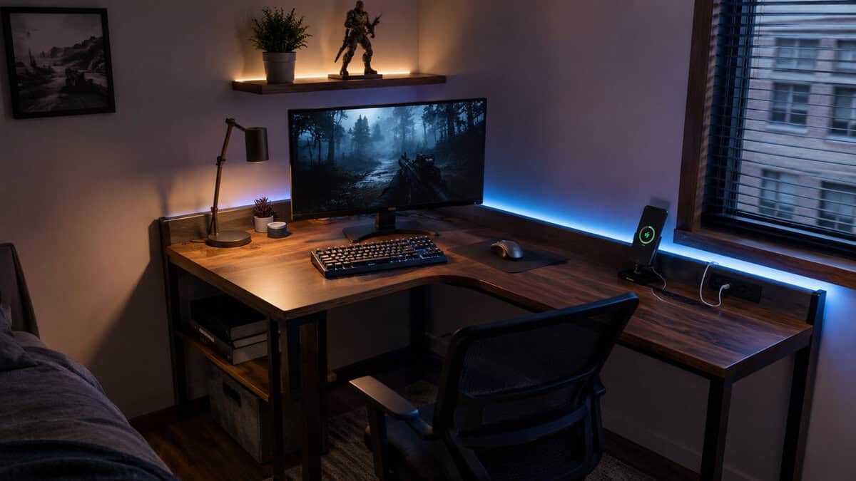 Compact wooden l-shaped gaming desk in a bedroom corner with LED backlight and a phone charging on the built-in power strip