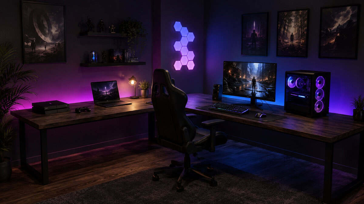 Large l-shaped gaming desk split into two runs with a gaming PC on one side and a laptop and console on the other