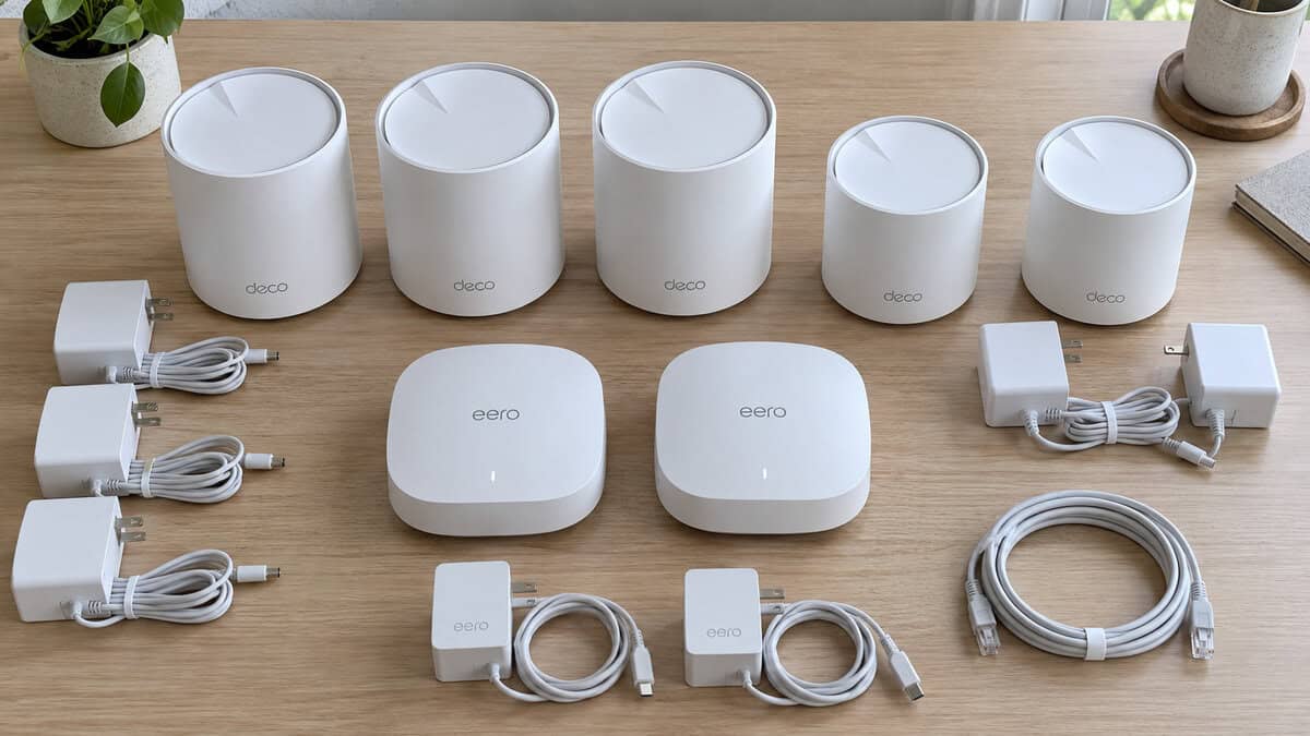 Overhead view of three TP-Link Deco X55 nodes, two Deco X20 nodes, and two Amazon eero 7 units laid out on a wood desk, the three kits compared as the best mesh wifi system
