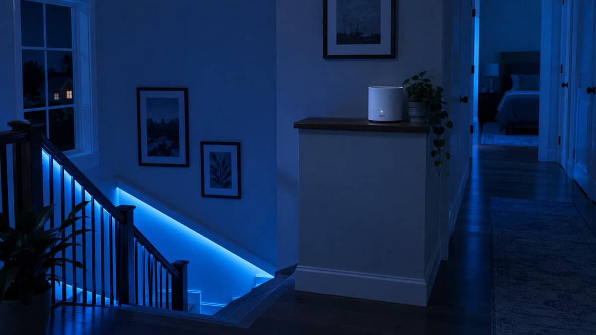 A white Deco mesh node on a stairwell landing shelf under cool blue light, the placement that makes the best mesh wifi system work in a two-story home