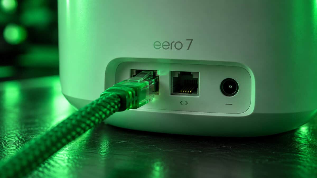 Close-up of the back of an Amazon eero 7 node with a green braided Ethernet cable plugged into one of its 2.5G ports, wired backhaul on the best mesh wifi system