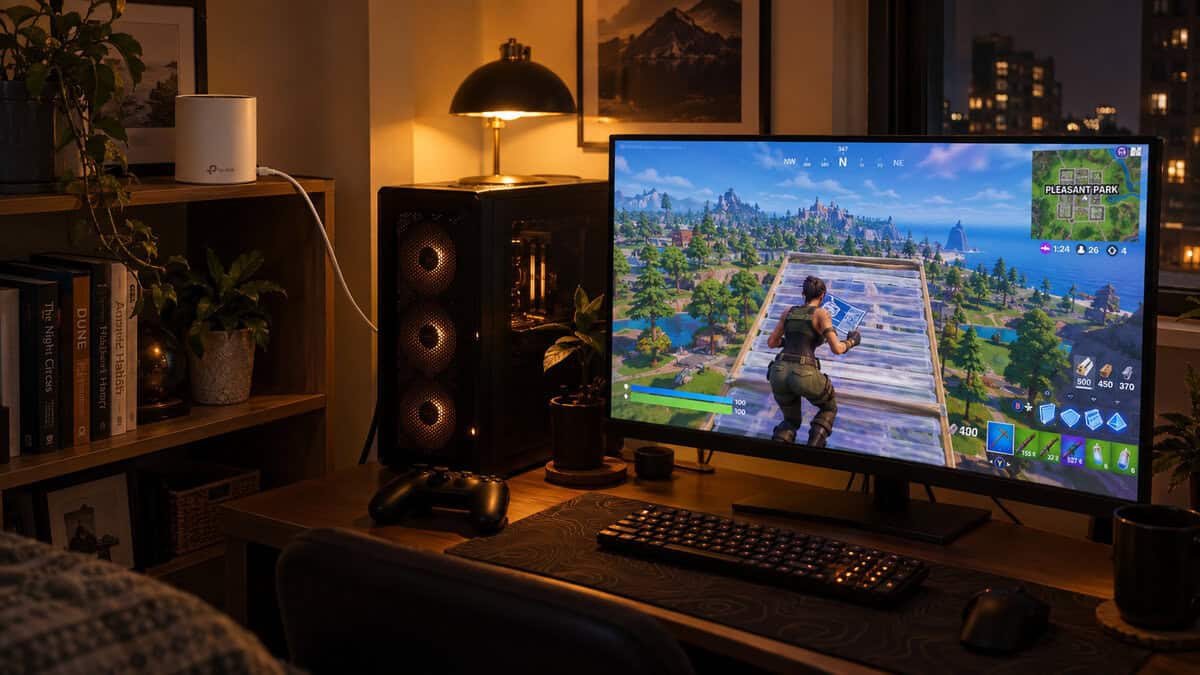 Small apartment gaming corner with a TP-Link Deco X20 node on a bookshelf cabled to a gaming PC and a monitor showing Fortnite, the best mesh wifi system for a one-room fix