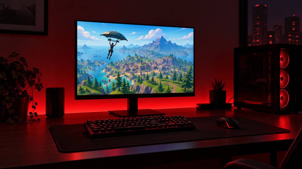 Gaming desk under red RGB with a 24-inch monitor showing a colorful battle royale island and a glider, the setup the best monitor for Fortnite sits in