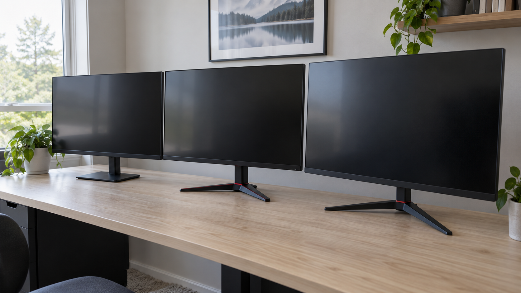 Three flat gaming monitors of increasing size lined up on a light wood desk in daylight, the three picks for the best monitor for Fortnite