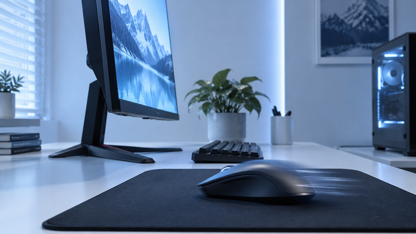 Side view of a 27-inch monitor on a stand with a mouse mid-swipe on a black cloth pad and a lit PC tower behind, the 1440p upgrade pick for the best monitor for Fortnite