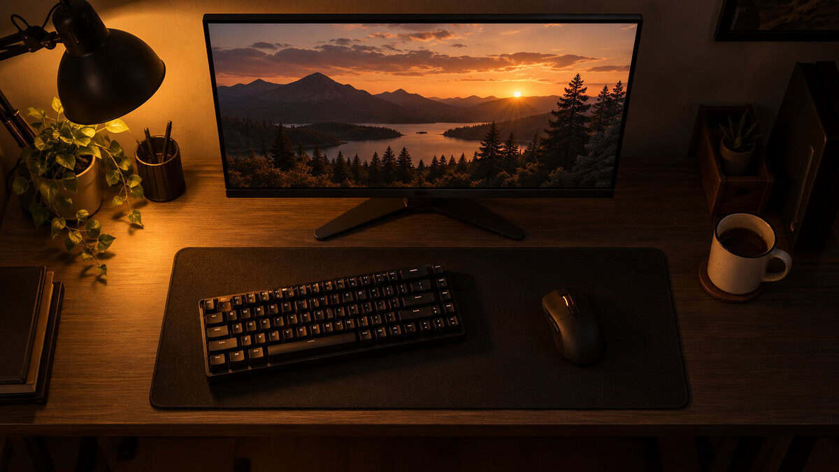 Overhead view of a compact desk with a 24-inch monitor showing a mountain sunset, a keyboard on a dark cloth pad, a mouse, and a mug under an amber lamp, a PC setup built around the best monitor for Fortnite