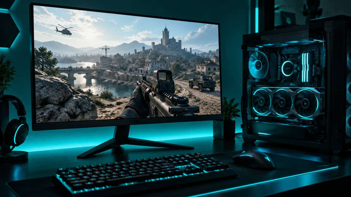 Cyan-lit battlestation with a V-stand gaming monitor beside a glass PC tower showing a triple-fan graphics card, the GPU tier that decides whether the best monitor for Wardogs should be 1440p
