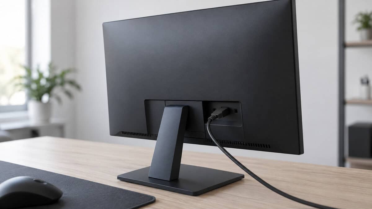 Rear view of a matte black 24-inch monitor on a tilt stand with a display cable plugged into its ports in daylight, the simple build behind the best monitor for Wardogs pick